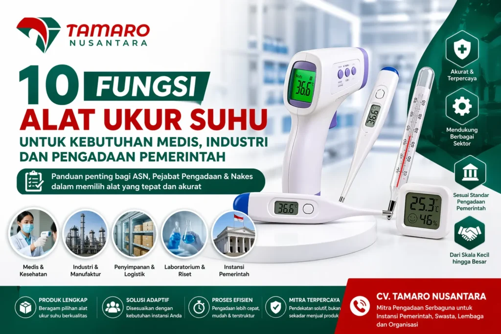 Feature image fungsi alat ukur suhu menampilkan berbagai jenis termometer (digital, infrared, dan kaca) dengan logo CV. Tamaro Nusantara serta informasi penggunaan untuk sektor medis, industri, dan pengadaan pemerintah.