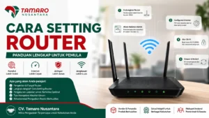 Feature image panduan cara setting router dengan ilustrasi perangkat Wi-Fi, langkah konfigurasi jaringan, serta logo CV. Tamaro Nusantara dalam format banner 16:9.