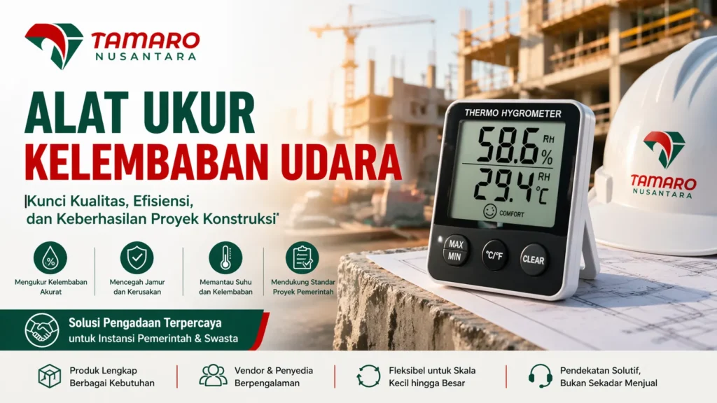 Banner alat ukur kelembaban udara untuk proyek konstruksi dengan tampilan hygrometer digital dan logo CV. Tamaro Nusantara di area pembangunan