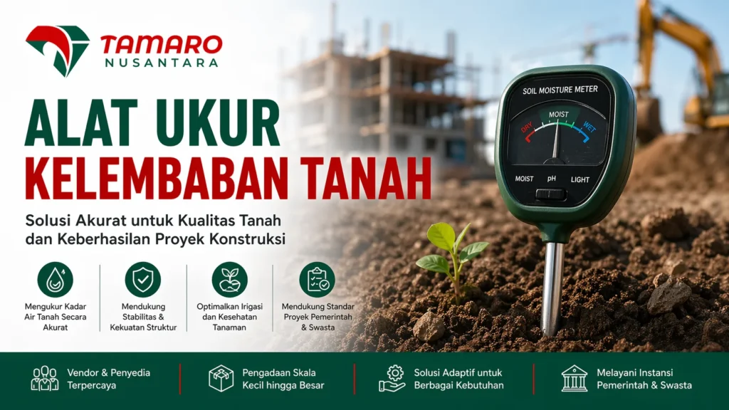 Banner alat ukur kelembaban tanah dengan soil moisture meter di area konstruksi dan logo CV. Tamaro Nusantara menampilkan solusi pengukuran tanah akurat