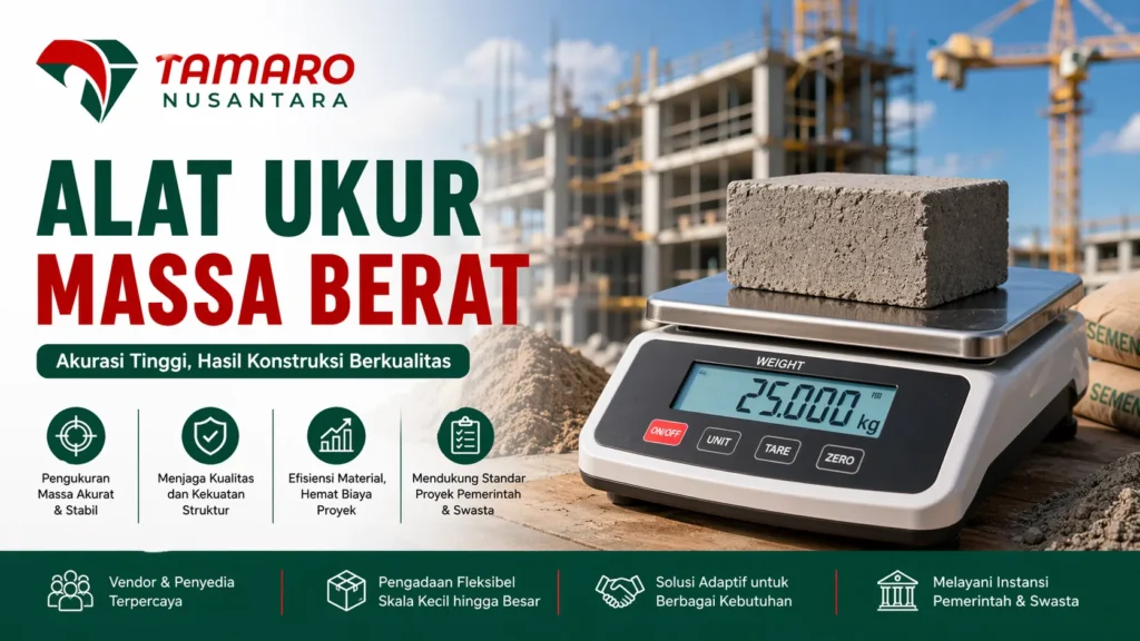 Banner alat ukur massa berat dengan timbangan digital dan material konstruksi serta logo CV. Tamaro Nusantara menampilkan solusi pengukuran akurat proyek