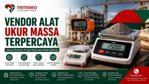Banner vendor alat ukur massa terpercaya dengan berbagai timbangan digital dan neraca di area proyek konstruksi serta logo CV. Tamaro Nusantara menampilkan solusi pengukuran akurat dan profesional
