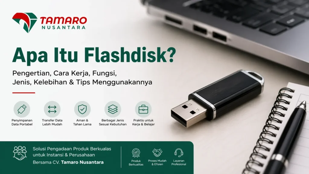 Feature image artikel tentang flashdisk dengan desain banner modern ukuran 16:9, menampilkan USB flash drive di atas meja kerja рядом laptop dan notebook, dilengkapi teks ‘Apa Itu Flashdisk?’ serta logo CV. Tamaro Nusantara sebagai penyedia solusi pengadaan produk untuk instansi dan perusahaan.