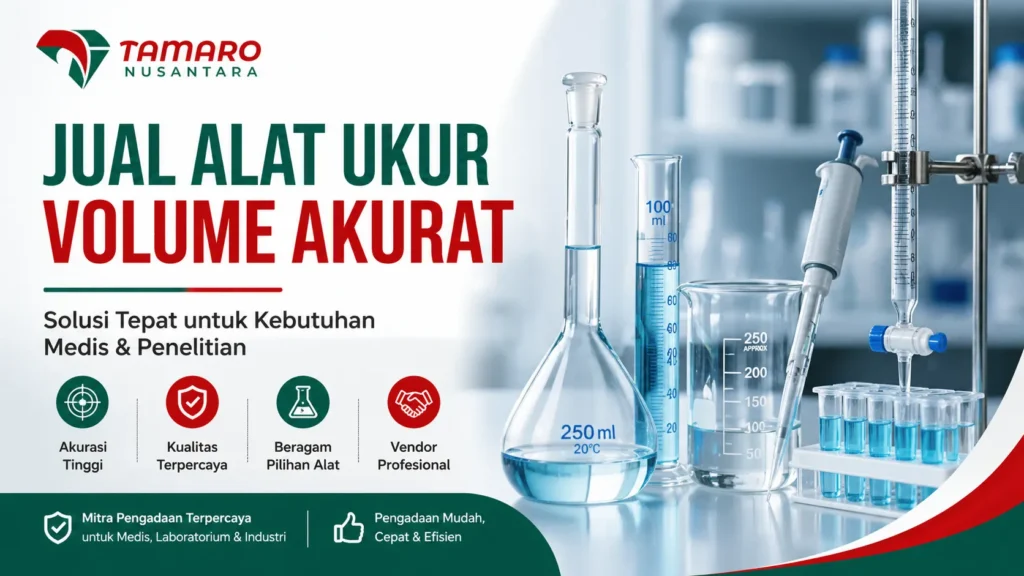 Banner jual alat ukur volume akurat untuk kebutuhan medis dan penelitian dari CV. Tamaro Nusantara dengan tampilan alat laboratorium seperti labu ukur, pipet, dan gelas ukur