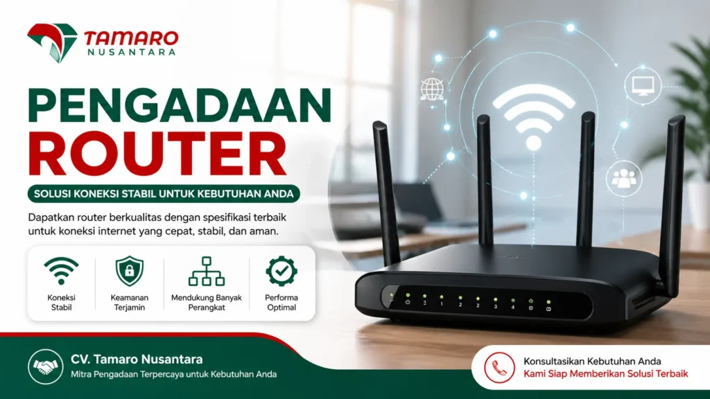 Banner pengadaan router dengan desain modern menampilkan perangkat router Wi-Fi dan logo CV. Tamaro Nusantara, menonjolkan solusi koneksi internet stabil, cepat, dan aman untuk kebutuhan pengguna.