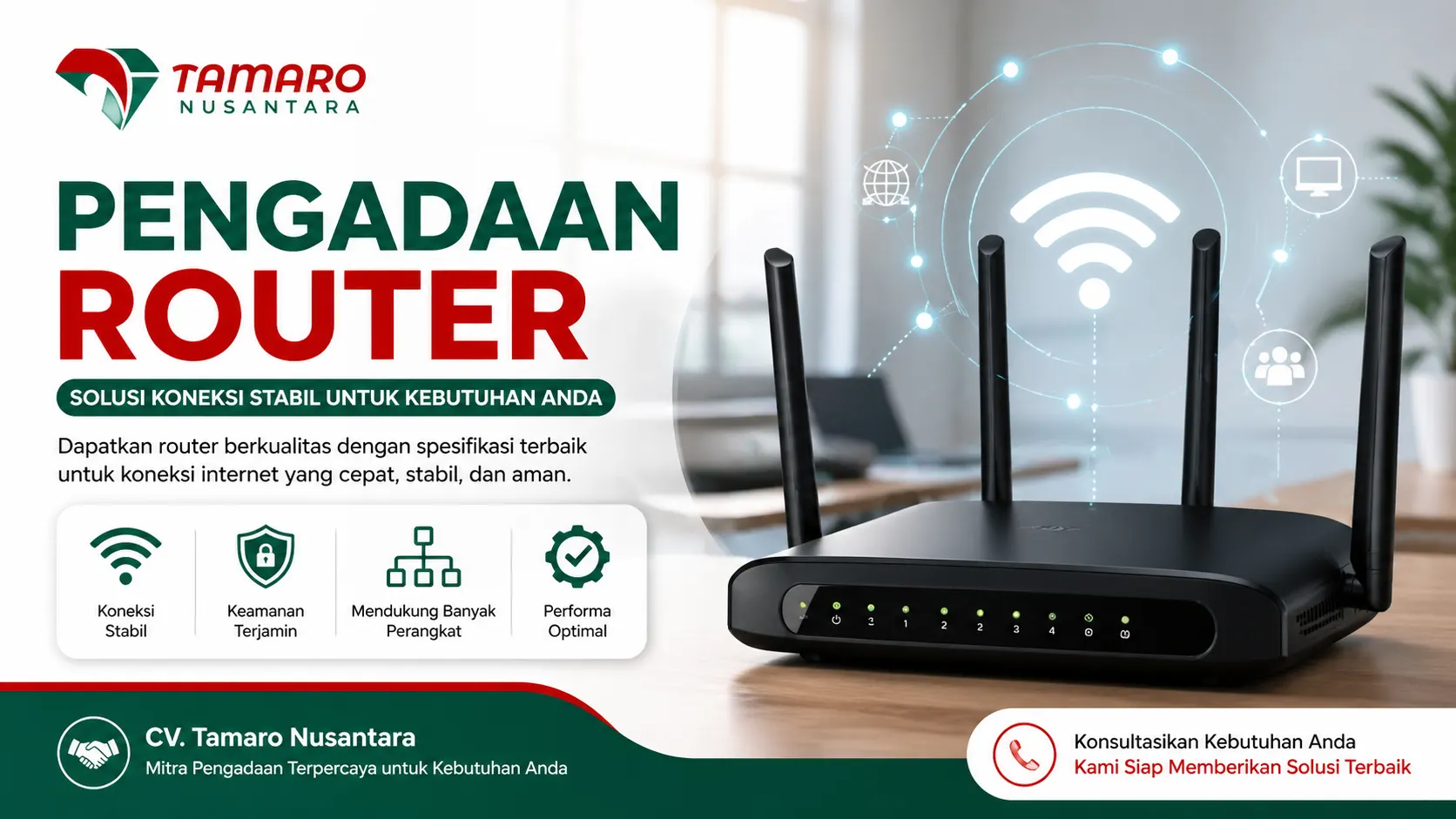 Banner pengadaan router dengan desain modern menampilkan perangkat router Wi-Fi dan logo CV. Tamaro Nusantara, menonjolkan solusi koneksi internet stabil, cepat, dan aman untuk kebutuhan pengguna.