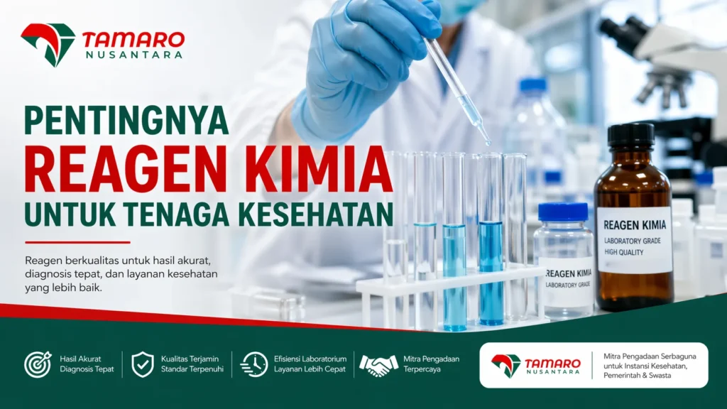 Banner pentingnya reagen kimia untuk tenaga kesehatan dengan logo CV. Tamaro Nusantara dan ilustrasi laboratorium modern menggunakan alat uji kimia