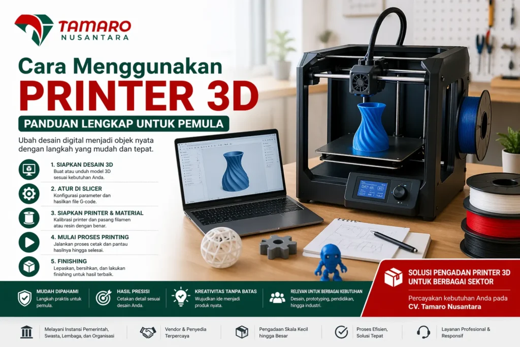 Feature image panduan cara menggunakan printer 3D untuk pemula dengan ilustrasi mesin printer 3D, proses desain digital, serta logo CV. Tamaro Nusantara sebagai penyedia solusi pengadaan untuk berbagai sektor.