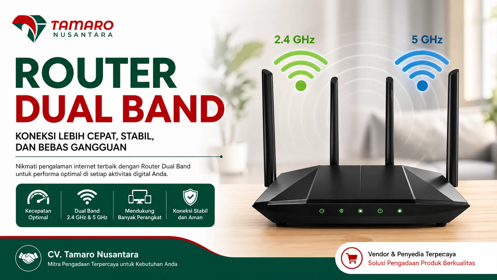 Feature image router dual band dengan logo CV. Tamaro Nusantara, menampilkan perangkat Wi-Fi modern dengan dukungan 2.4 GHz dan 5 GHz untuk koneksi internet cepat dan stabil.