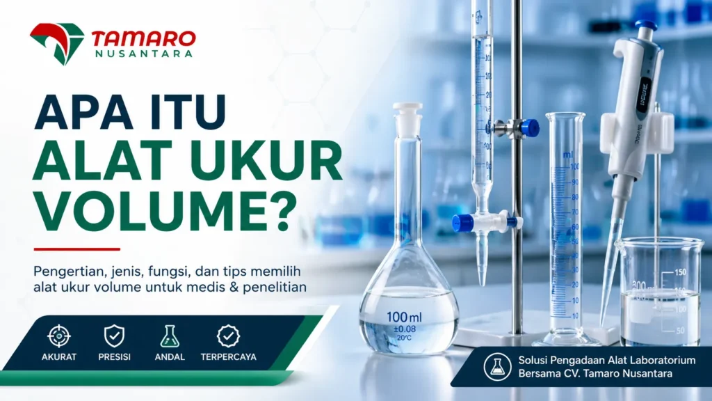 Banner edukasi tentang apa itu alat ukur volume untuk kebutuhan medis dan penelitian dari CV. Tamaro Nusantara, menampilkan alat laboratorium seperti labu ukur, buret, dan mikropipet dalam desain profesional.