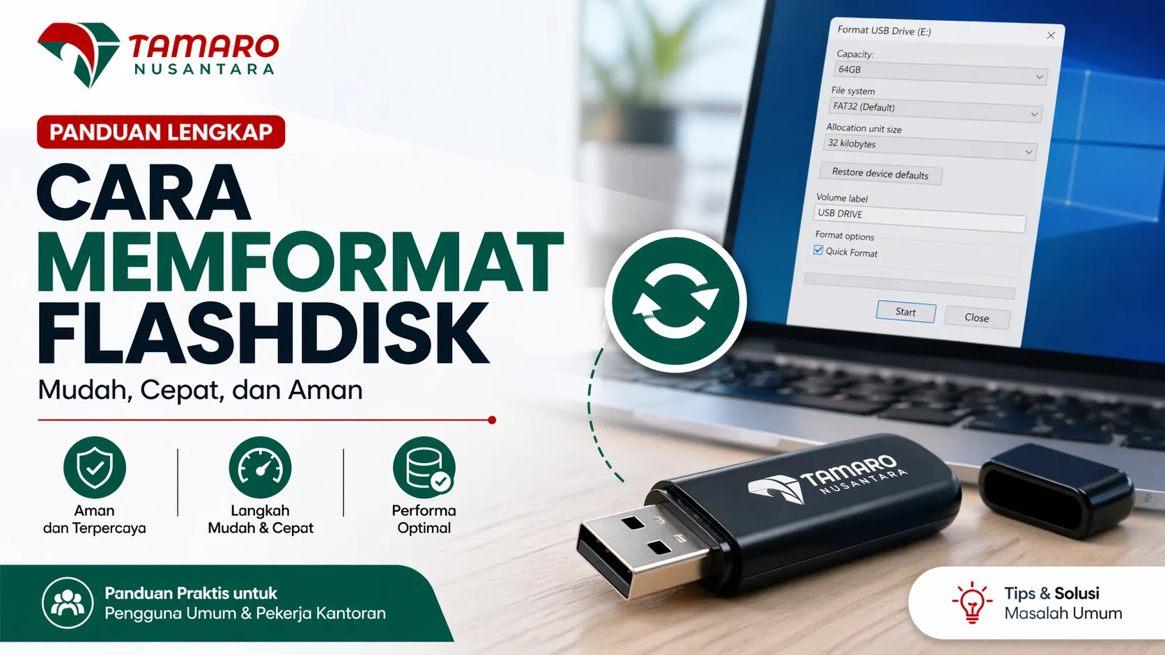 Feature image panduan cara memformat flashdisk dengan laptop dan USB drive, dilengkapi logo Tamaro Nusantara dalam desain profesional format 16:9