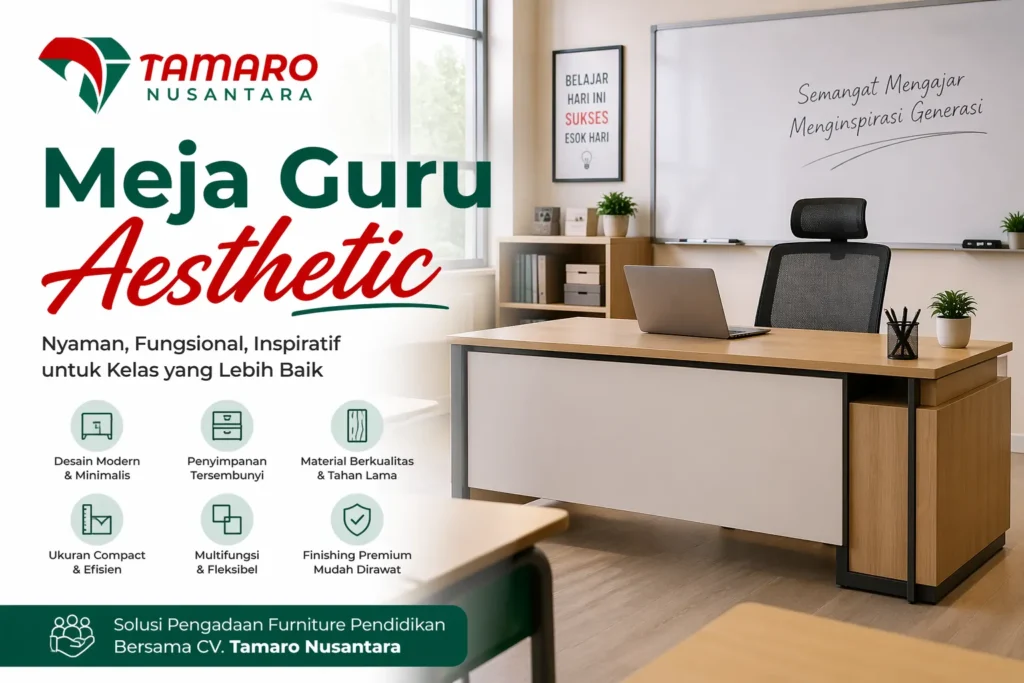 Feature image meja guru aesthetic dengan desain minimalis modern di ruang kelas, menampilkan meja kayu dengan laptop dan kursi kerja, latar papan tulis bertuliskan motivasi, serta logo CV. Tamaro Nusantara di bagian atas sebagai penyedia solusi pengadaan furniture pendidikan.
