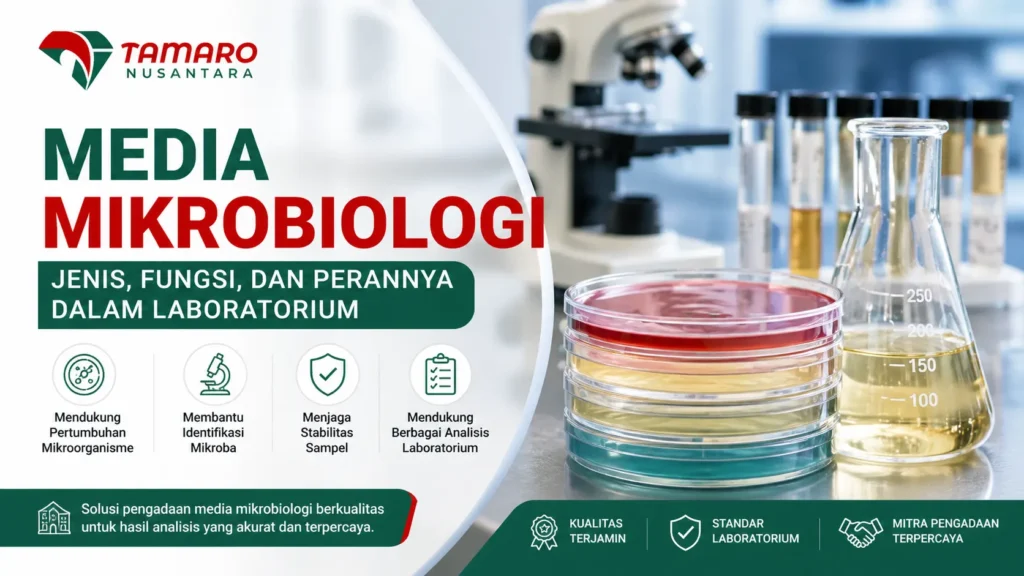 Banner media mikrobiologi untuk laboratorium dari CV. Tamaro Nusantara, menampilkan petri dish, tabung reaksi, dan alat laboratorium dengan informasi jenis, fungsi, dan peran media mikrobiologi.