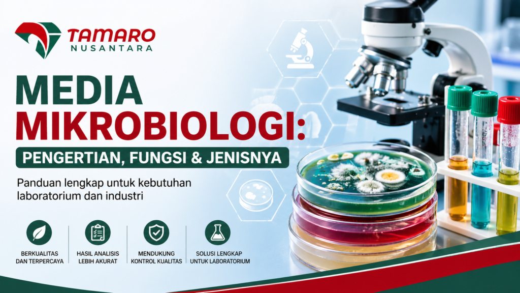 pengertian media mikrobiologi pada banner laboratorium dengan mikroskop, petri dish, tabung reaksi, dan logo CV. Tamaro Nusantara sebagai vendor penyedia terpercaya