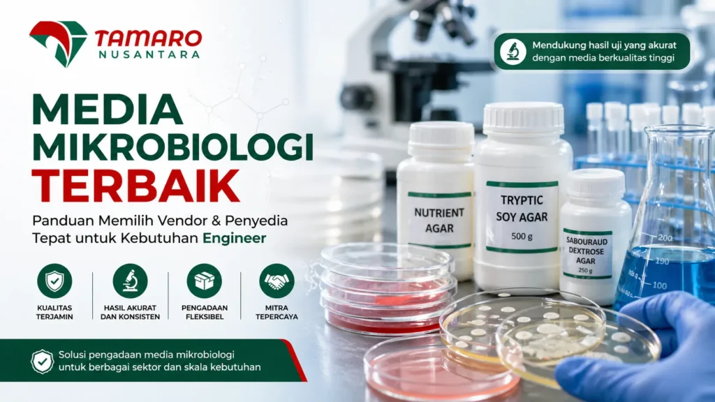 Banner media mikrobiologi terbaik dengan logo CV. Tamaro Nusantara, menampilkan peralatan laboratorium seperti petri dish, botol agar, dan mikroskop untuk kebutuhan engineer.