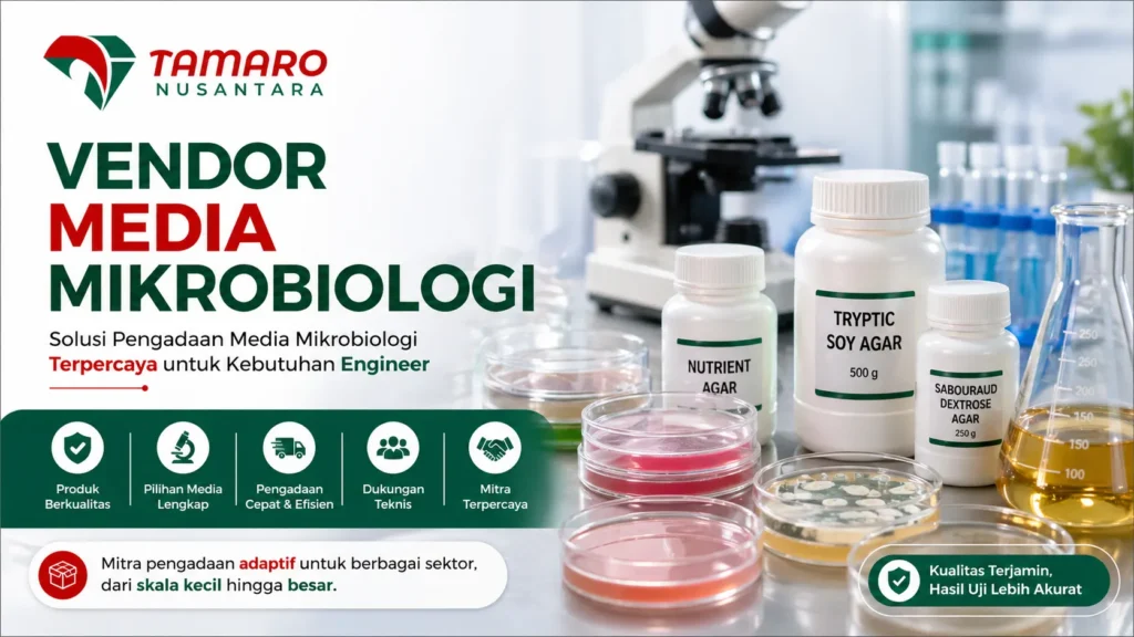 Banner vendor media mikrobiologi dengan logo CV. Tamaro Nusantara, menampilkan peralatan laboratorium seperti petri dish, botol agar, dan mikroskop untuk kebutuhan engineer.