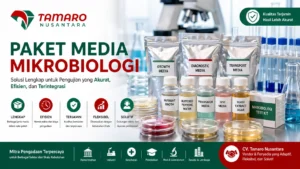 Banner paket media mikrobiologi dengan logo CV. Tamaro Nusantara, menampilkan berbagai media seperti growth, diagnostic, dan transport media serta perlengkapan laboratorium untuk kebutuhan engineer.