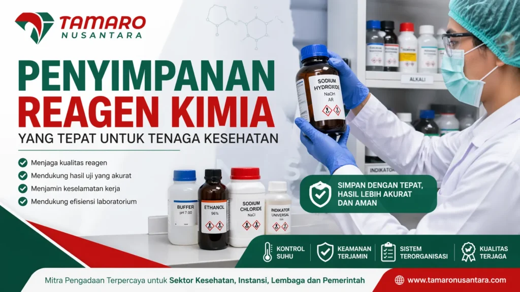 Banner penyimpanan reagen kimia untuk tenaga kesehatan dengan ilustrasi laboratorium dan logo CV. Tamaro Nusantara