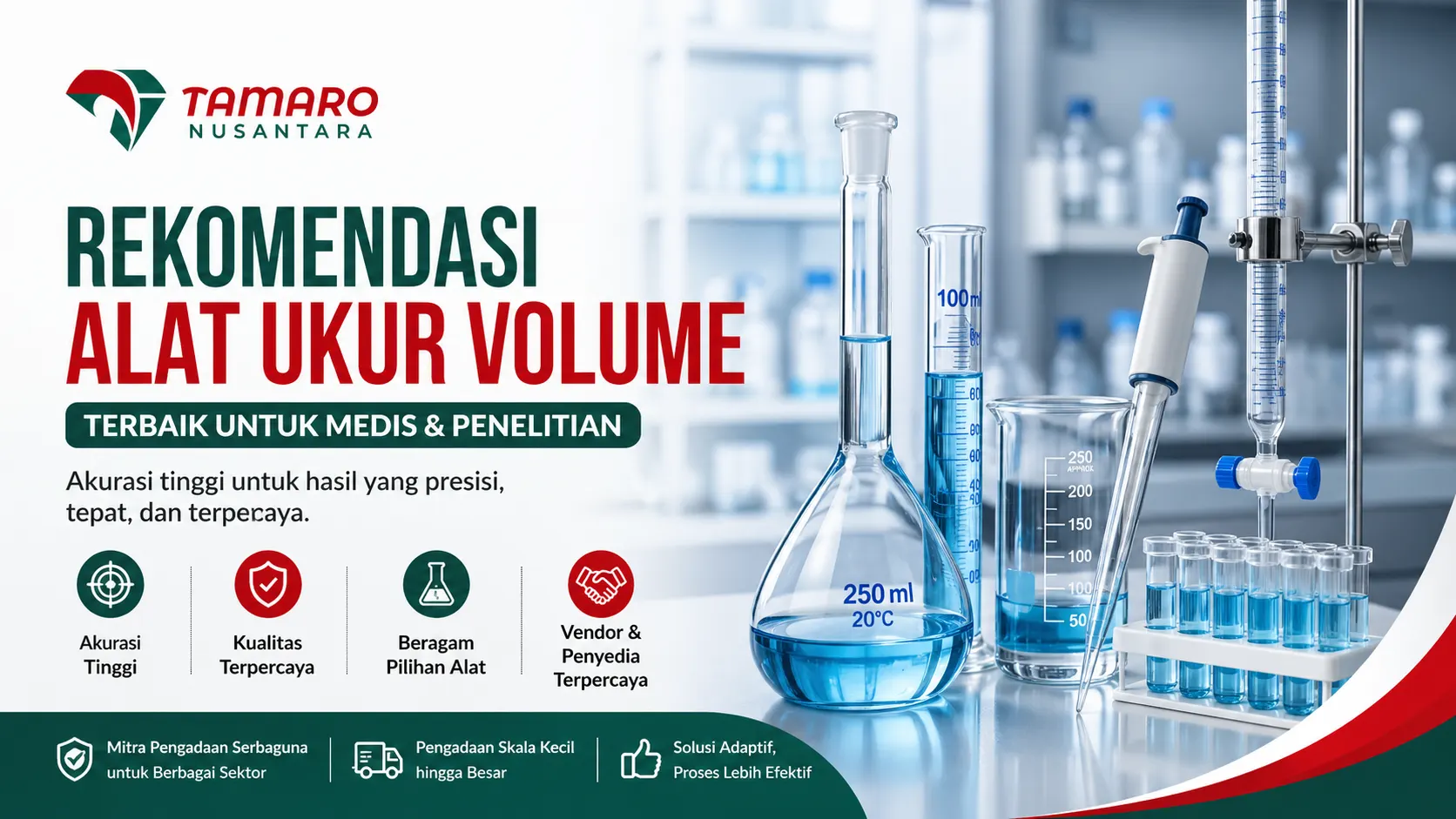 Banner rekomendasi alat ukur volume terbaik untuk medis dan penelitian dari CV. Tamaro Nusantara dengan tampilan alat laboratorium seperti labu ukur, buret, mikropipet, dan gelas ukur dalam desain profesional.