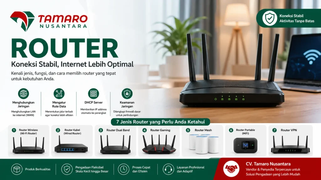 Banner informatif tentang jenis router dengan logo CV. Tamaro Nusantara, menampilkan berbagai tipe router seperti wireless, wired, dual band, gaming, mesh, MiFi, dan VPN untuk koneksi internet stabil.