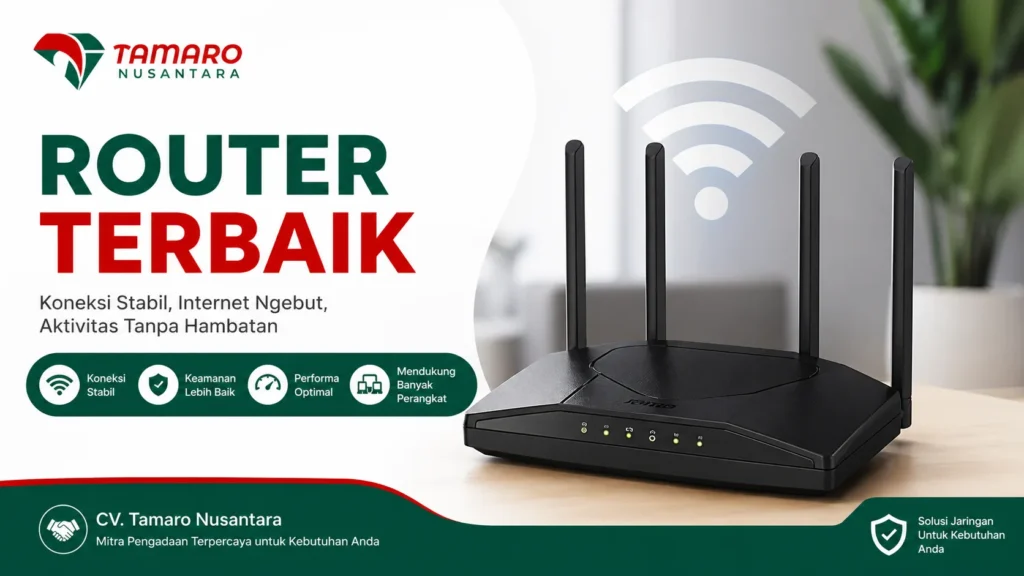 Banner promosi router terbaik dengan desain modern menampilkan perangkat router Wi-Fi dan logo CV. Tamaro Nusantara, menonjolkan koneksi internet stabil, cepat, dan aman untuk kebutuhan harian.
