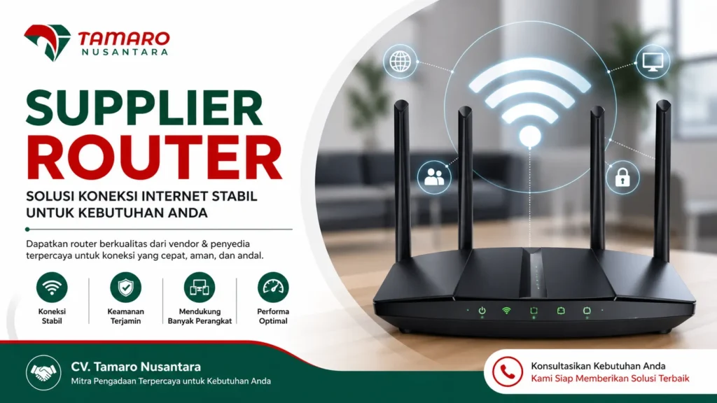 Supplier router CV. Tamaro Nusantara dengan ilustrasi perangkat Wi-Fi modern dan ikon koneksi jaringan untuk solusi internet stabil