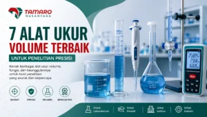 Alat ukur volume laboratorium seperti gelas ukur, pipet, dan labu takar dengan logo CV. Tamaro Nusantara untuk penelitian presisi