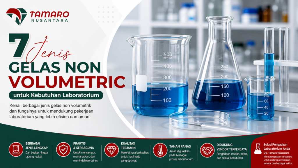 Banner 7 jenis gelas non volumetric laboratorium dengan beaker, erlenmeyer, dan tabung reaksi berisi cairan biru untuk pencampuran, pemanasan, dan eksperimen kimia.