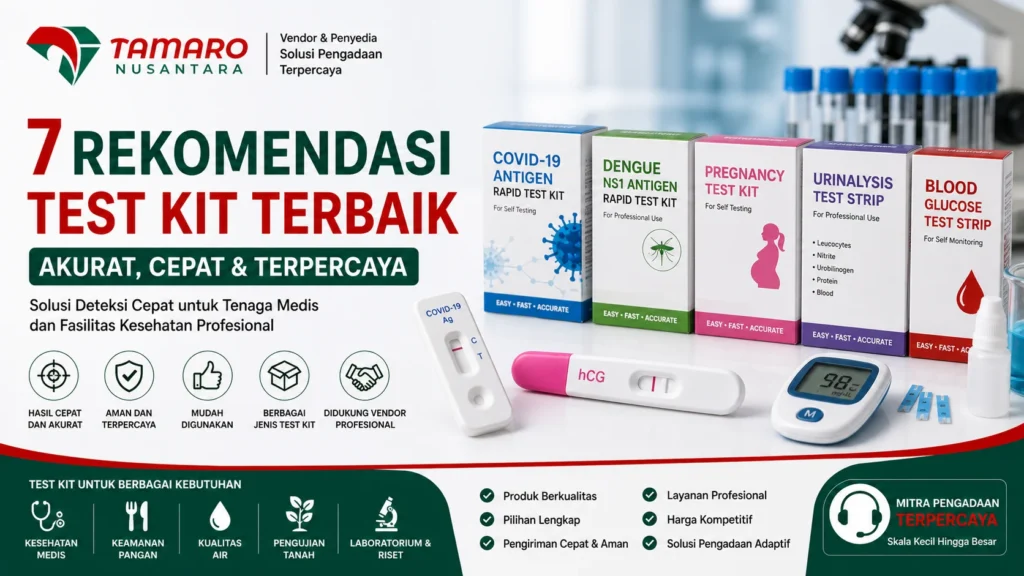 "Banner rekomendasi test kit terbaik dari CV. Tamaro Nusantara menampilkan berbagai produk rapid test seperti antigen, dengue, kehamilan, dan urinalisis untuk kebutuhan tenaga medis dengan tampilan profesional."