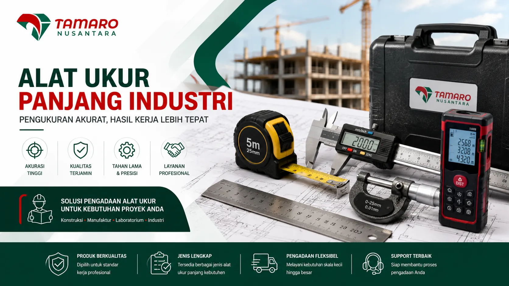 Banner alat ukur panjang industri CV. Tamaro Nusantara dengan perlengkapan pengukuran presisi untuk kebutuhan konstruksi, manufaktur, dan proyek industri.