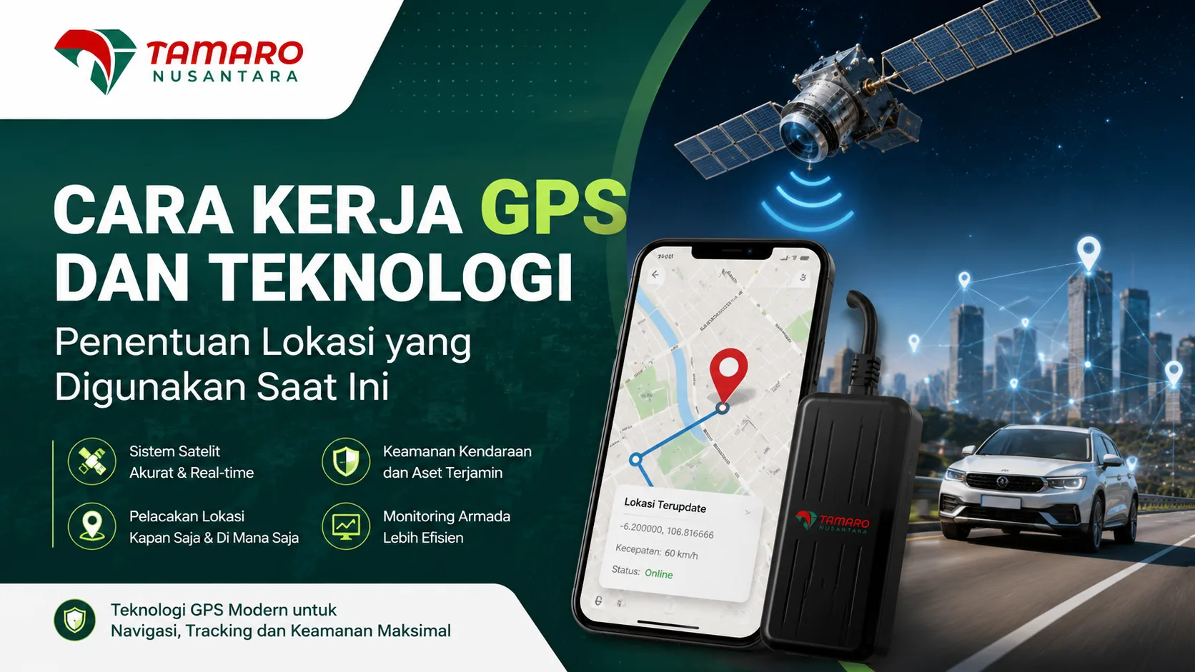 Ilustrasi gambar cara kerja GPS dan teknologi penentuan lokasi modern untuk tracking kendaraan dan keamanan aset oleh Tamaro Nusantara