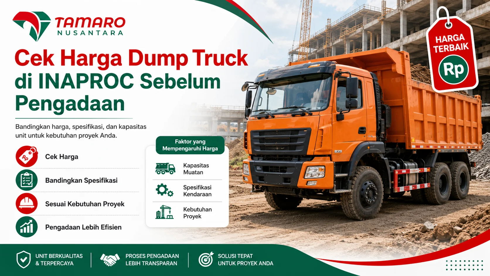 Feature image Tamaro Nusantara tentang cek harga dump truck di INAPROC sebelum pengadaan, menampilkan dump truck untuk kebutuhan proyek dan instansi kesehatan.