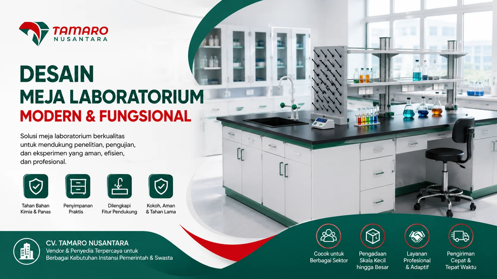 Banner desain meja laboratorium modern dan fungsional untuk kebutuhan penelitian dan analisis profesional.