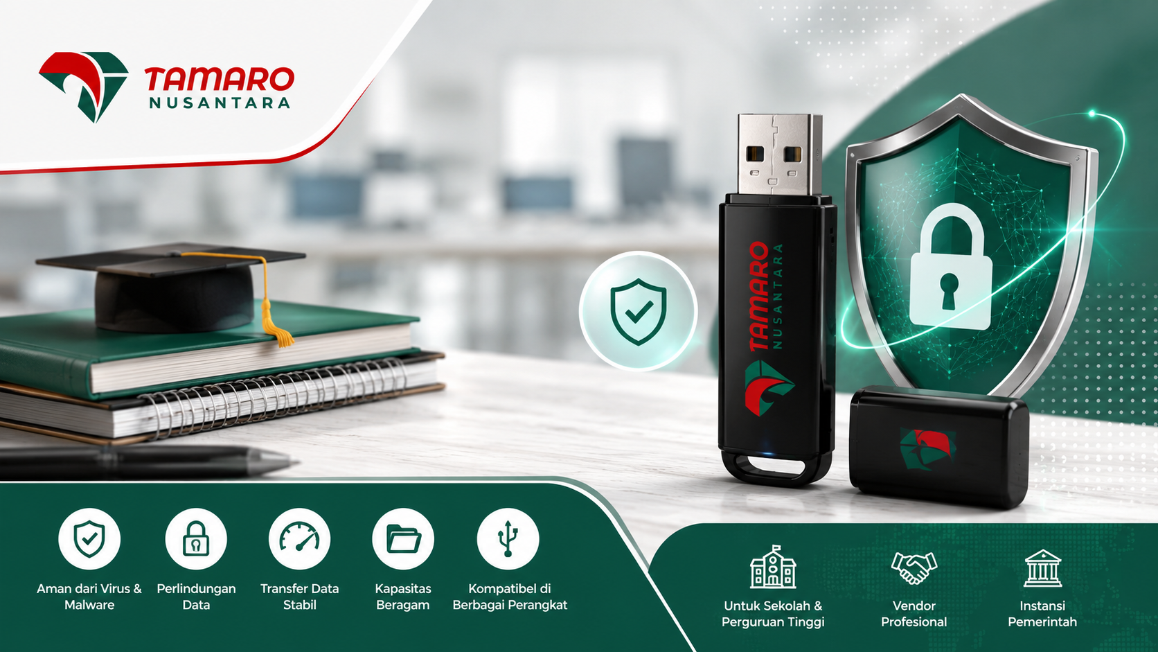 Desain promosi flashdisk anti virus Tamaro Nusantara dengan tampilan flashdisk USB hitam, ikon keamanan digital, latar pendidikan modern, serta visual perlindungan data untuk sekolah, vendor profesional, dan instansi pemerintah.