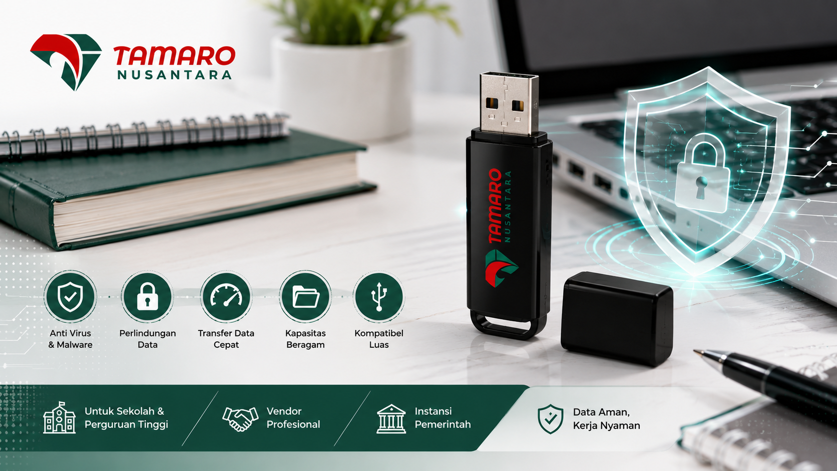 Banner flashdisk anti virus Tamaro Nusantara dengan visual flashdisk USB hitam di meja kerja modern, ikon keamanan digital dan perlindungan data, serta dukungan penggunaan untuk sekolah, vendor profesional, dan instansi pemerintah.