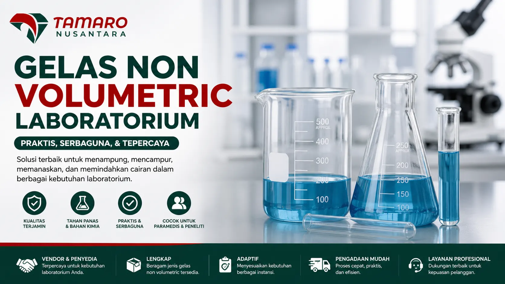 Ilustrasi gelas non volumetrik laboratorium dengan cairan biru, menampilkan beaker, erlenmeyer, dan tabung reaksi sebagai alat uji praktis untuk kebutuhan medis dan penelitian.