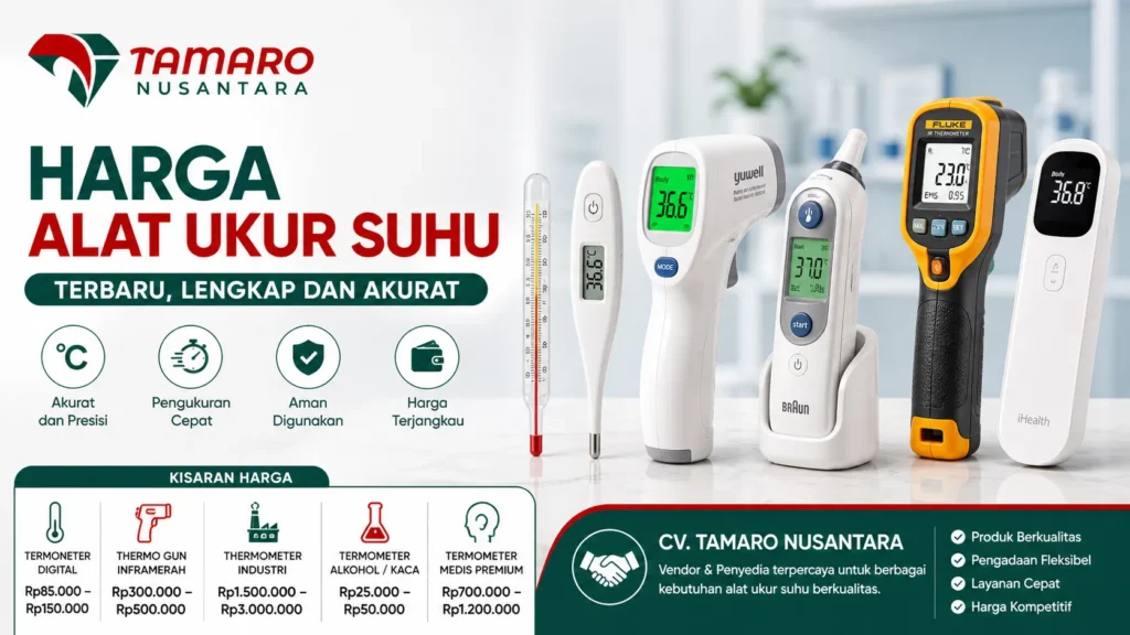 Banner promosi harga alat ukur suhu dengan berbagai jenis termometer seperti digital, inframerah, dan industri, dilengkapi logo CV. Tamaro Nusantara serta informasi kisaran harga dan keunggulan produk.