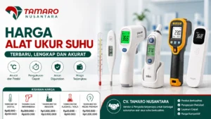 Banner promosi harga alat ukur suhu dengan berbagai jenis termometer seperti digital, inframerah, dan industri, dilengkapi logo CV. Tamaro Nusantara serta informasi kisaran harga dan keunggulan produk.