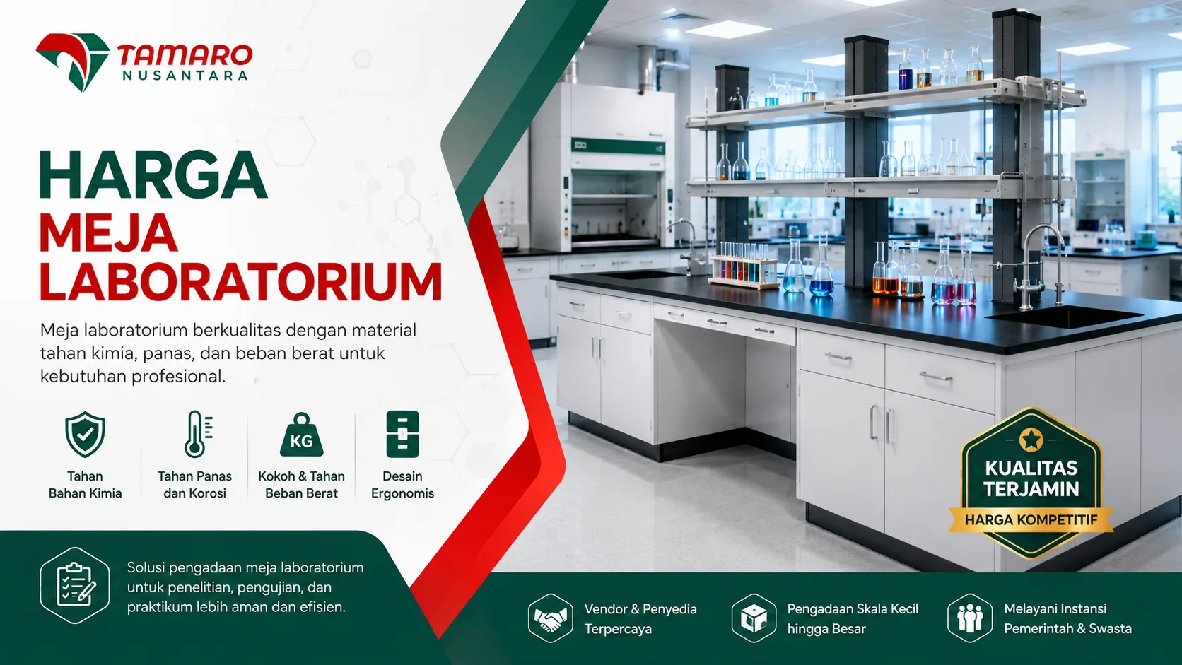 Banner harga meja laboratorium modern Tamaro Nusantara untuk kebutuhan penelitian, praktikum, dan analisis profesional.