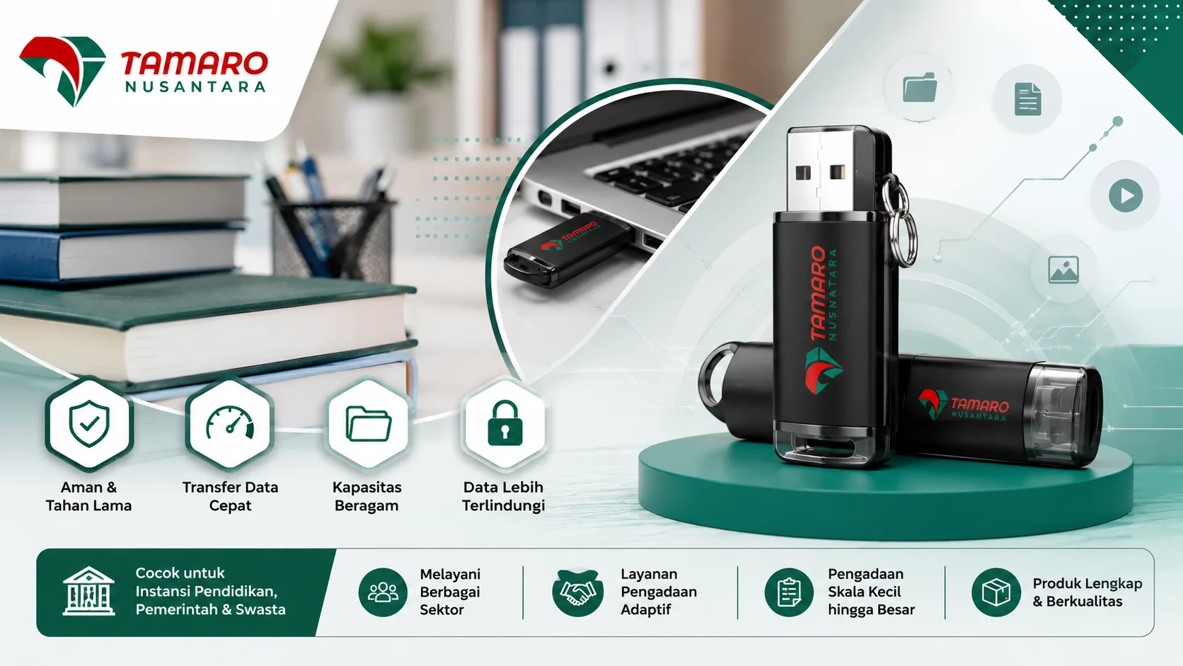 Desain promosi flashdisk USB Tamaro Nusantara dengan tampilan produk flashdisk hitam, ikon keamanan dan transfer data cepat, serta visual pendukung untuk kebutuhan instansi pendidikan, pemerintah, dan pengadaan vendor.