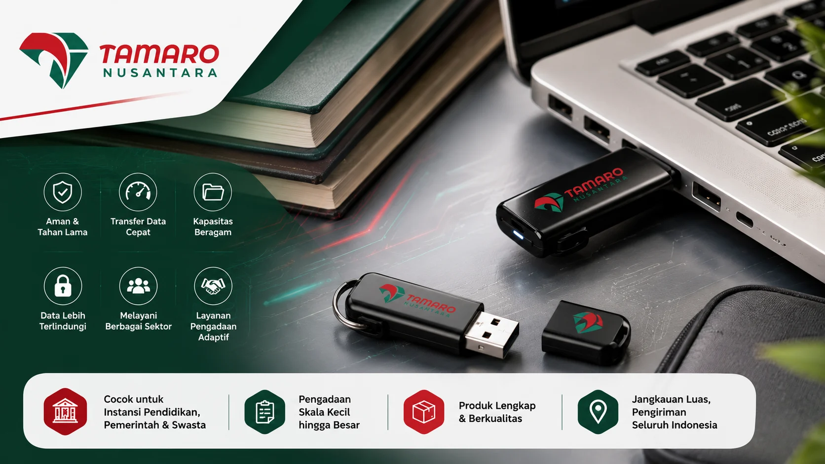 Banner promosi flashdisk Tamaro Nusantara dengan visual flashdisk USB terhubung ke laptop, latar buku dan meja kerja modern, serta ikon fitur keamanan data, transfer cepat, dan layanan pengadaan untuk instansi pendidikan dan pemerintah.