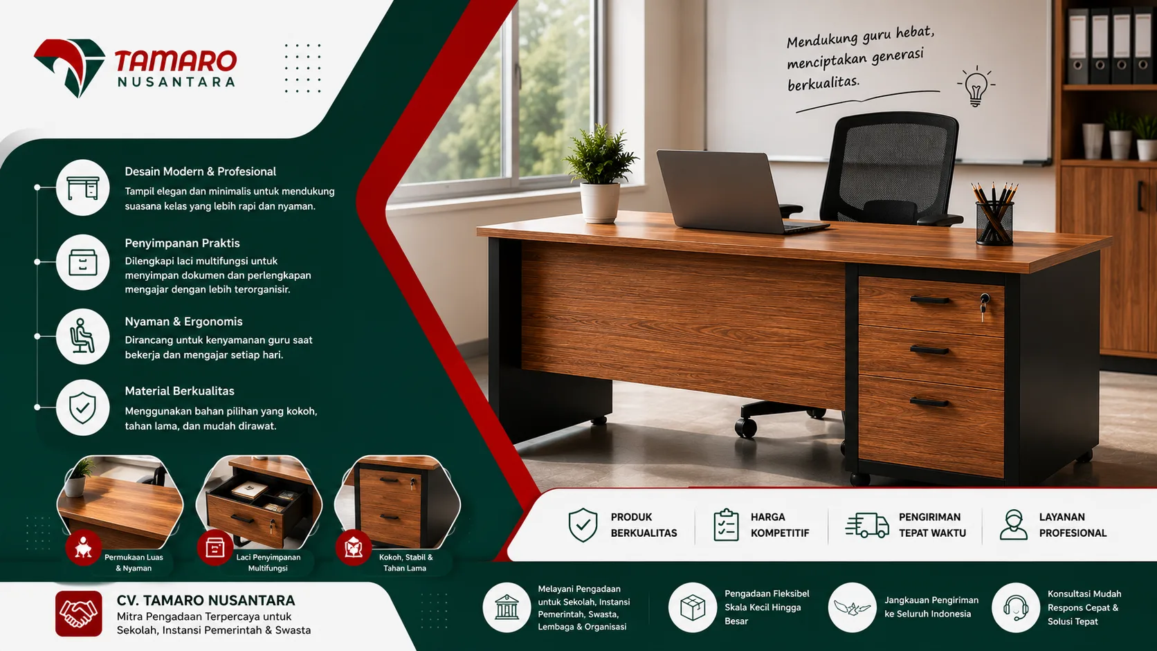 Meja guru modern ergonomis dari CV. Tamaro Nusantara dengan desain profesional, laci penyimpanan multifungsi, material berkualitas, dan tampilan elegan untuk kebutuhan sekolah serta instansi pendidikan.