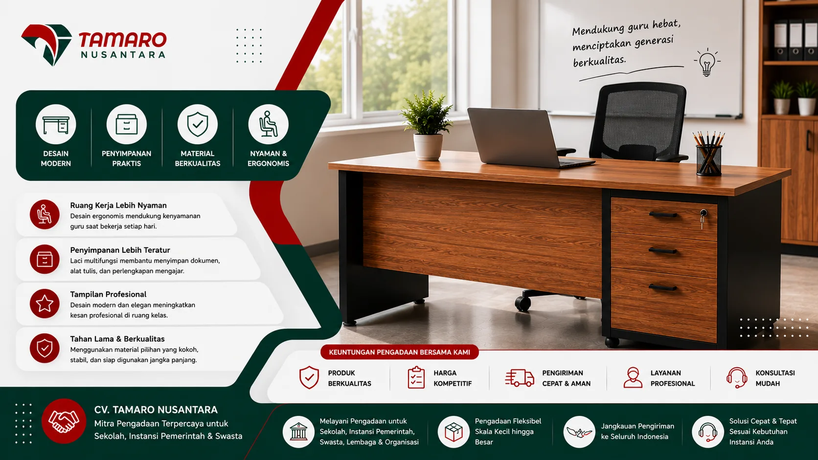 Ilustrasi meja guru modern minimalis dengan desain ergonomis, penyimpanan praktis, dan material berkualitas dari CV. Tamaro Nusantara untuk mendukung ruang kelas yang nyaman dan profesional.