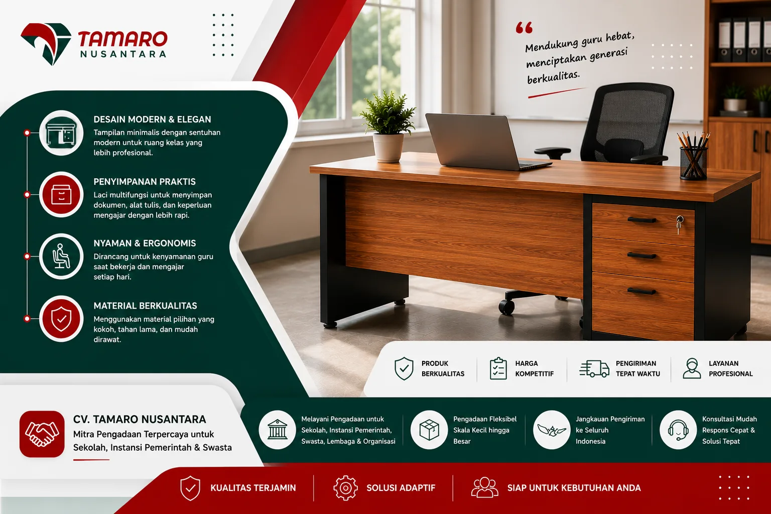 Banner meja guru modern dari CV. Tamaro Nusantara dengan desain elegan, laci penyimpanan multifungsi, material berkualitas, dan konsep ergonomis untuk mendukung ruang kelas yang profesional dan nyaman.