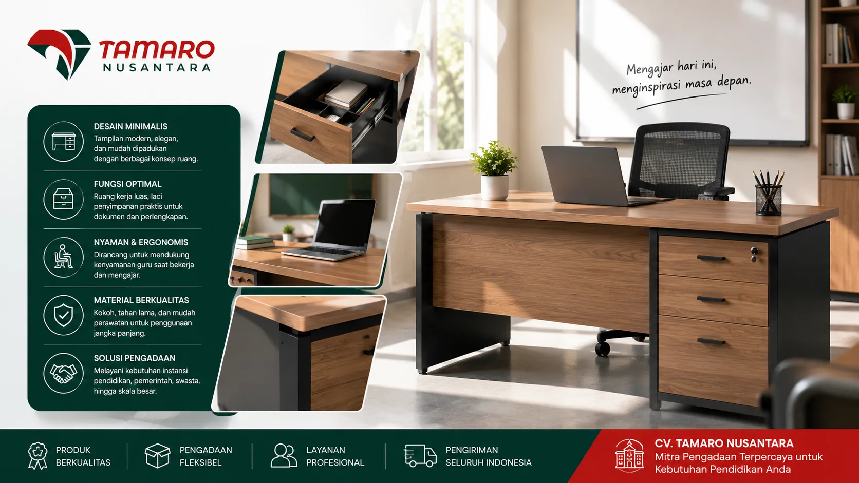 Desain meja guru minimalis modern dari CV. Tamaro Nusantara dengan kombinasi warna kayu dan hitam untuk ruang kelas profesional. Gambar menampilkan meja kerja ergonomis lengkap dengan laci penyimpanan, laptop, kursi kantor, serta detail fitur seperti desain minimalis, fungsi optimal, material berkualitas, dan solusi pengadaan untuk kebutuhan pendidikan.”