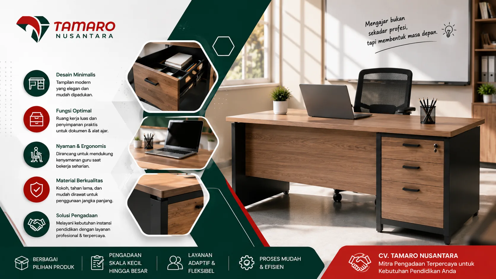 Feature image meja guru minimalis modern dari CV. Tamaro Nusantara dengan desain kayu elegan dan rangka hitam untuk kebutuhan ruang kelas profesional. Gambar menampilkan meja guru ergonomis lengkap dengan laci penyimpanan, laptop kerja, kursi kantor, serta informasi fitur seperti desain minimalis, fungsi optimal, material berkualitas, dan solusi pengadaan pendidikan.”