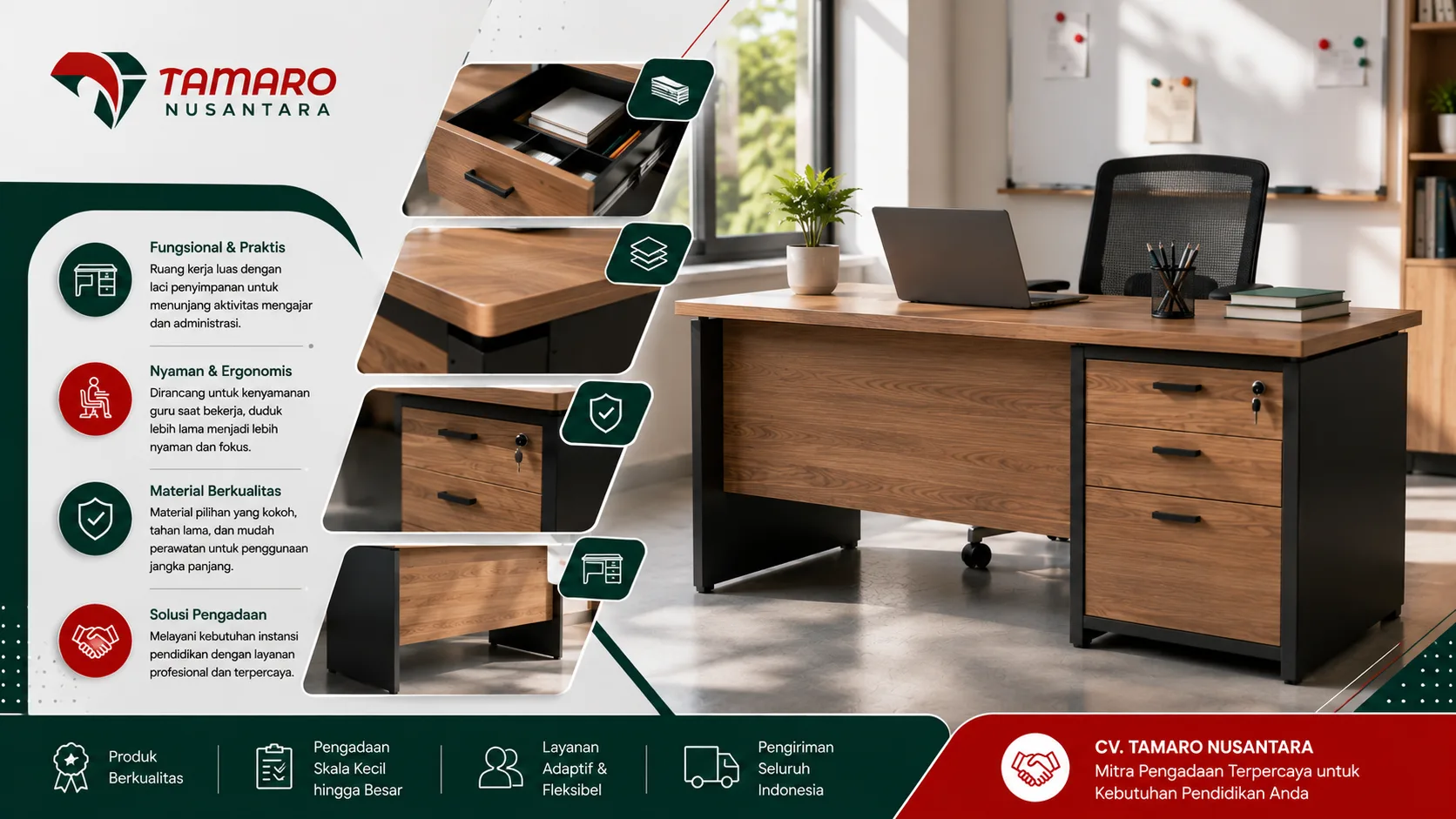 “Gambar meja guru minimalis modern dari CV. Tamaro Nusantara dengan desain kayu natural dan rangka hitam yang elegan untuk ruang kelas dan kantor pendidikan. Feature image menampilkan meja ergonomis lengkap dengan laci penyimpanan, laptop kerja, kursi kantor, serta informasi fitur seperti material berkualitas, fungsi praktis, kenyamanan penggunaan, dan solusi pengadaan pendidikan profesional.”