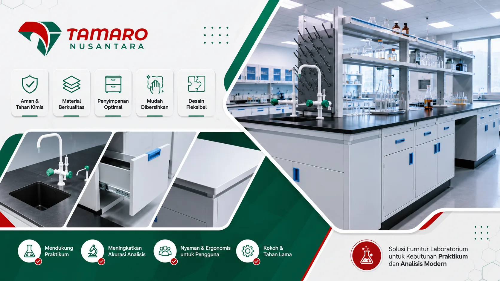 Banner Meja Laboratorium Modern untuk praktikum dan analisis laboratorium.