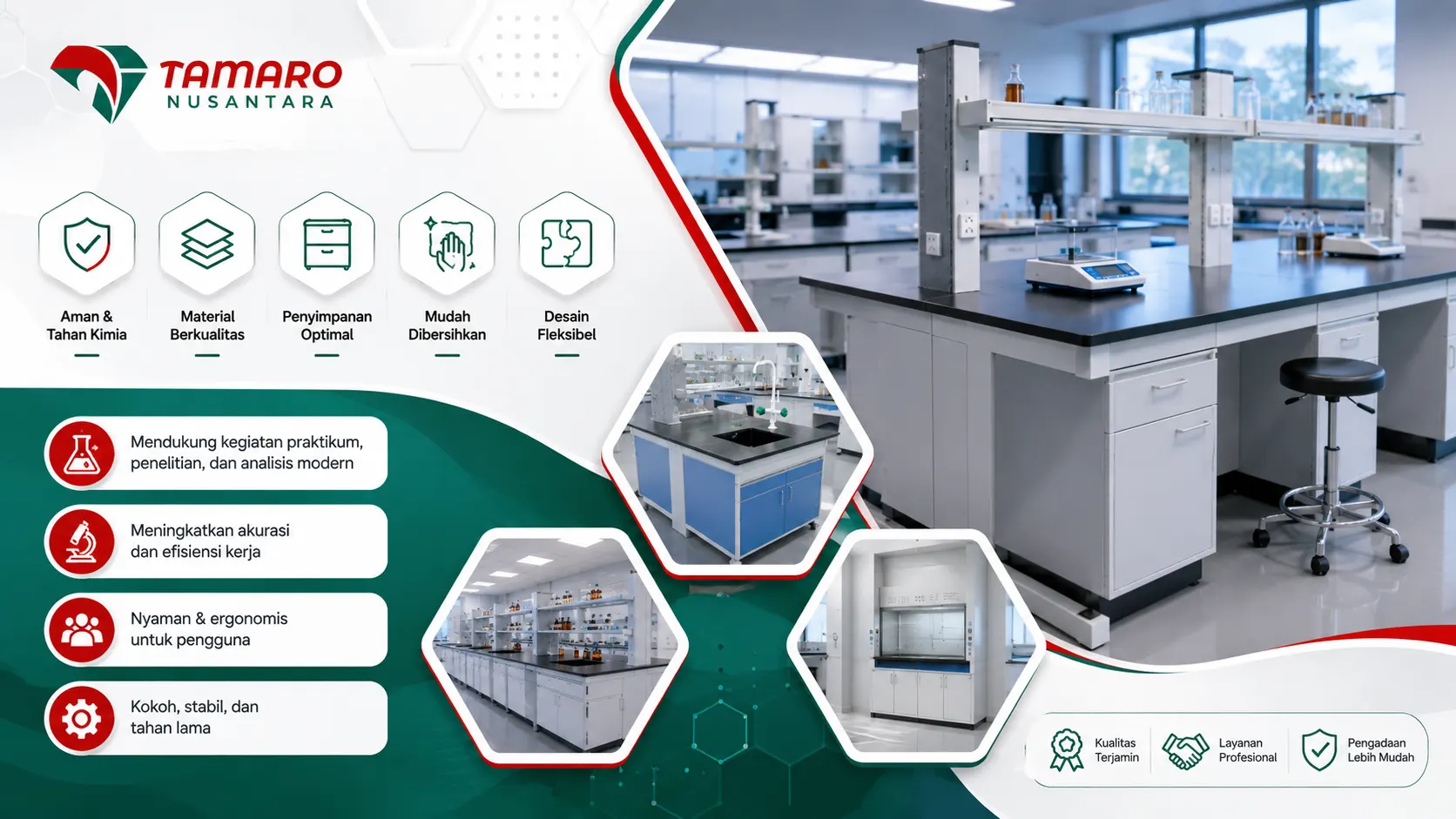 Banner meja laboratorium modern Tamaro Nusantara untuk kebutuhan praktikum, penelitian, dan analisis laboratorium profesional.