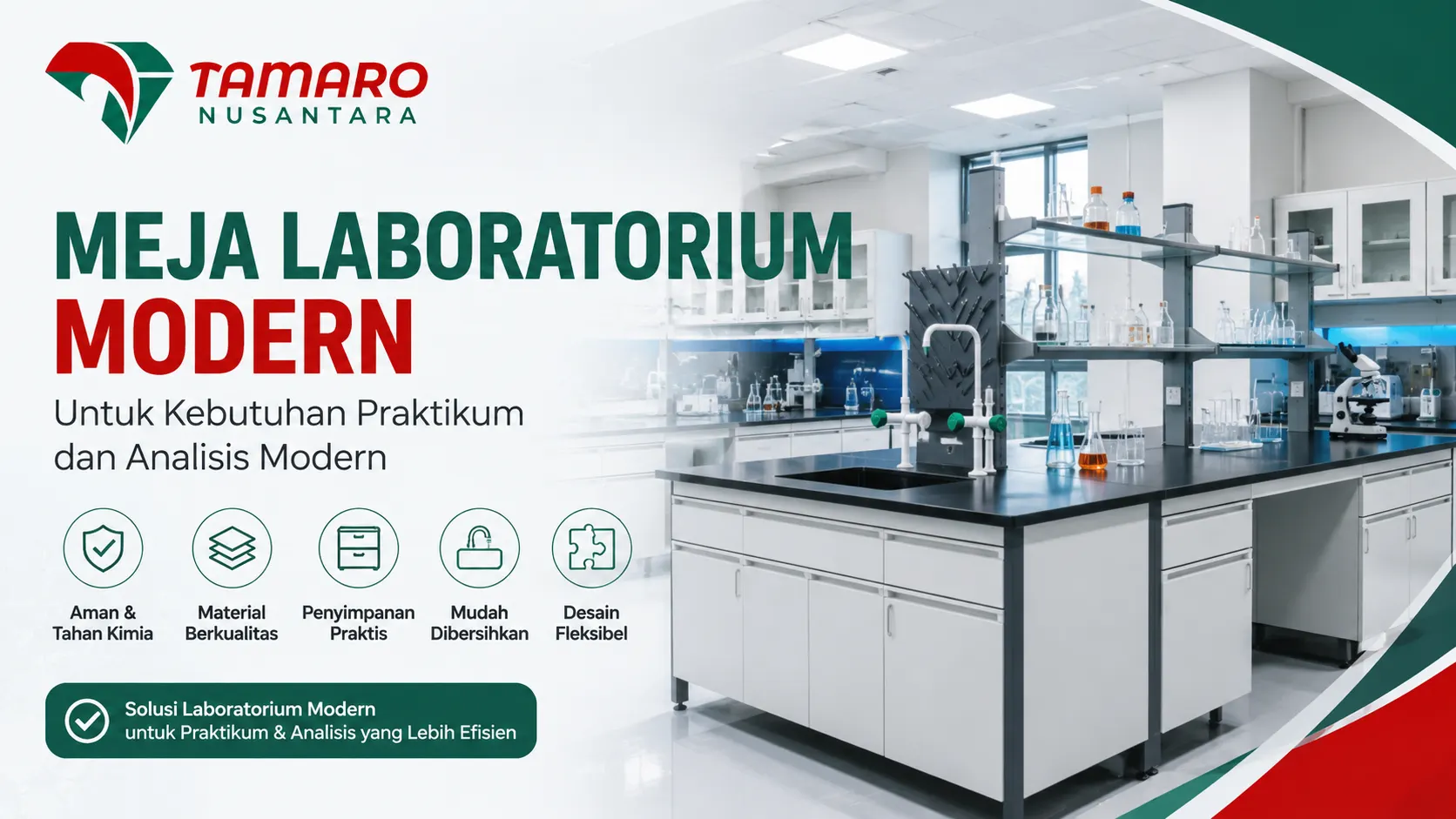 Banner Meja Laboratorium Modern Tamaro Nusantara untuk kebutuhan praktikum dan analisis laboratorium profesional.